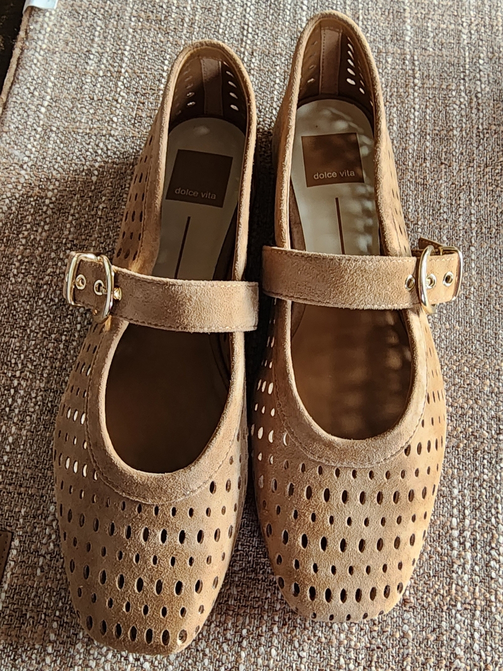 8 Dolce Vita Tan Suede Perforated Mary Jane Flats with Buckle